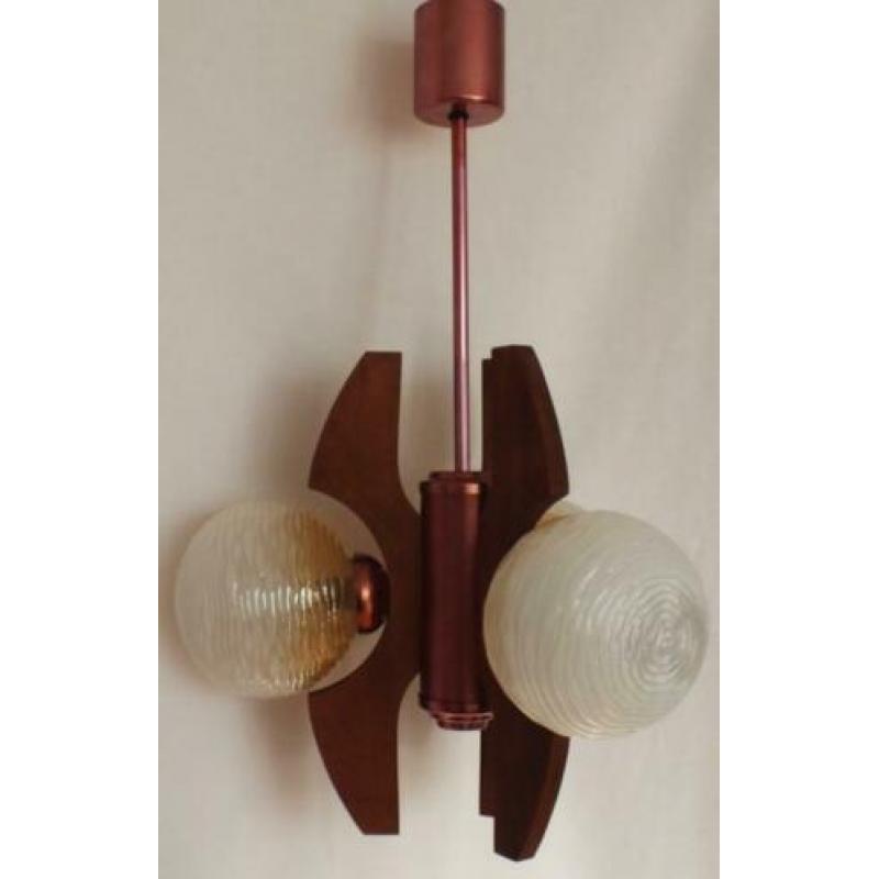 Vintage jaren '70 hanglamp/hout/glas/3 bollen/ornament purpe