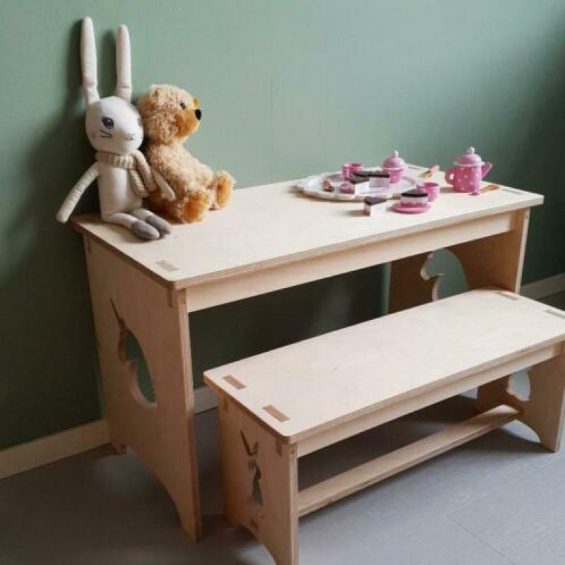 Houten speelgoedkist speelset bureau kindertafel met bankje