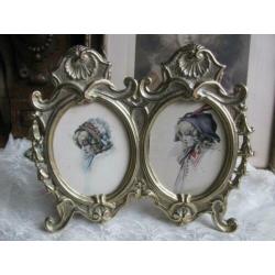 Oude dubbele fotolijst koper / messing Art Nouveau stijl