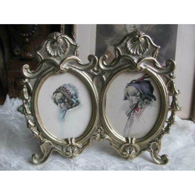 Oude dubbele fotolijst koper / messing Art Nouveau stijl