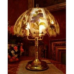 Art deco tafellamp goud,3 kaarsen lamp, bloemen lampenkap