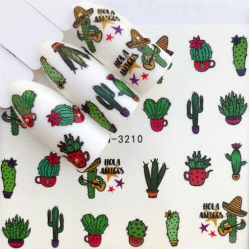 Set Nagel Nail Art Stickers Cactus Unicorn Katten 5 Vel