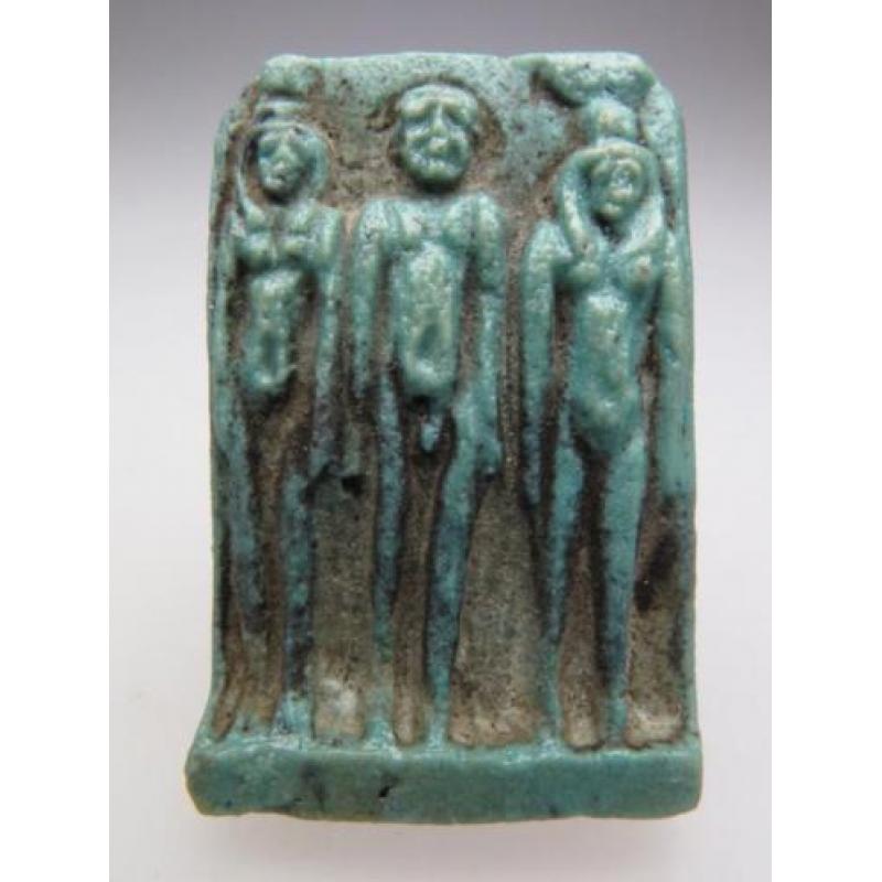Egyptian faience triad amulet of Nephthys, Ptah and Isis