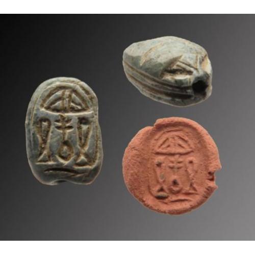 Egyptian soapstone scarab with hieroglyphs of Nefer, Sa and