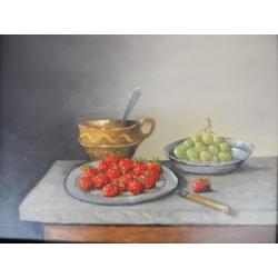 W.van Dam - Stilleven met aardbeien (schilderij)