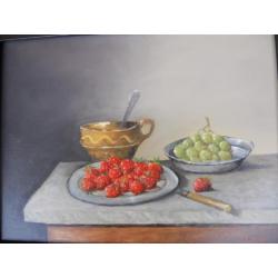 W.van Dam - Stilleven met aardbeien (schilderij)